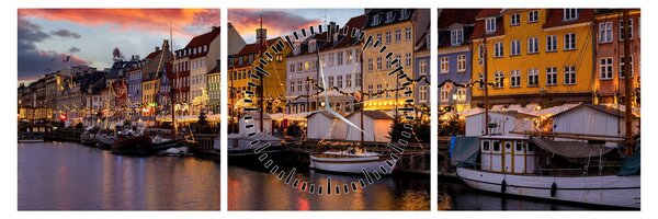 Obraz - Nyhavn, Kodaň (s hodinami) (90x30 cm)