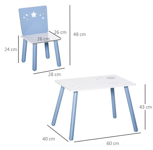 HOMCOM Dětský stůl a 2 židle Sada Dřevěný stůl se židlemi pro děti 2-4 roky Stůl 60x40x43 cm a židle 28x26x48 cm do ložnice nebo obývacího pokoje Bílá