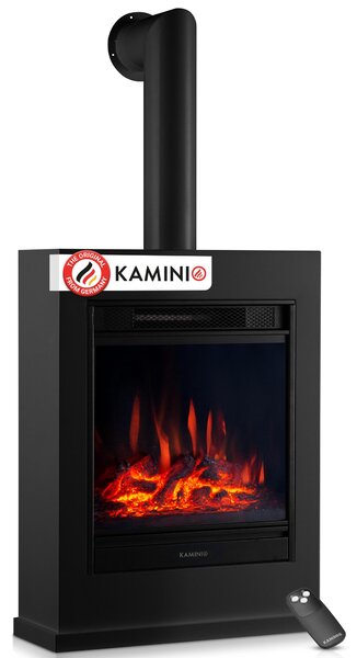 KAMINIO Elektrický krb KALLE s kouřovodem – Elektrický stojací krb s topením, 3D efektem plamenů, dálkovým ovládáním – Černý