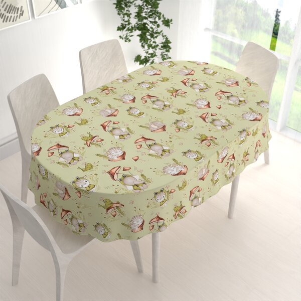 Biante Dětský bavlněný oválný ubrus Sandra SA-474 Žabky a zvířátka mezi houbami na zeleném 50x100 cm