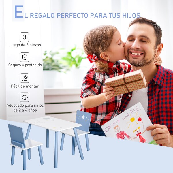 HOMCOM Dětský stůl a 2 židle Sada Dřevěný stůl se židlemi pro děti 2-4 roky Stůl 60x40x43 cm a židle 28x26x48 cm do ložnice nebo obývacího pokoje Bílá
