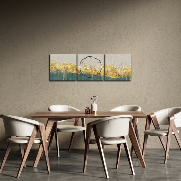 Obraz - Textrura se zlatým dekorem (s hodinami) (90x30 cm)