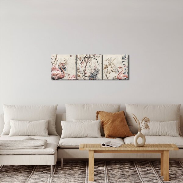Obraz - Kresba plameňáků (s hodinami) (90x30 cm)