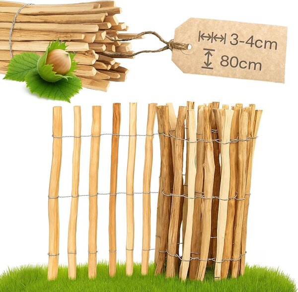 Plot z lískového oříšku PINEEA 80 cm vysoký – 5 m dlouhý dřevěný plot pro zahradu, ochranu rostlin a dekorace – odolný vůči povětrnostním vlivům