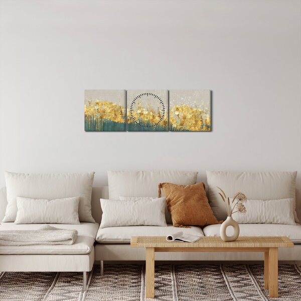 Obraz - Textrura se zlatým dekorem (s hodinami) (90x30 cm)