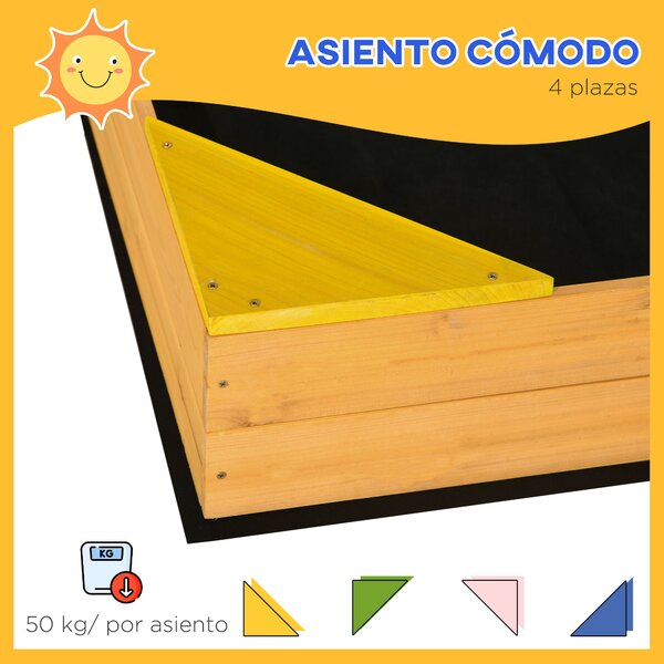 Dětský dřevěný pískoviště Outsunny čtvercové pro děti od 3 do 8 let s neprodyšnou látkou a 4 sedadly pro zahradu, terasu, 109x109x19,8 cm přírodní | A