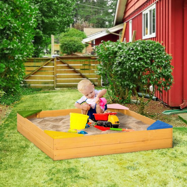 Dětský dřevěný pískoviště Outsunny čtvercové pro děti od 3 do 8 let s neprodyšnou látkou a 4 sedadly pro zahradu, terasu, 109x109x19,8 cm přírodní | A
