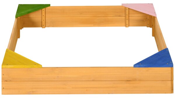 Dětský dřevěný pískoviště Outsunny čtvercové pro děti od 3 do 8 let s neprodyšnou látkou a 4 sedadly pro zahradu, terasu, 109x109x19,8 cm přírodní | A