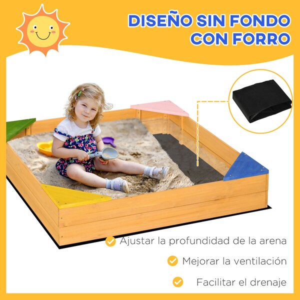 Dětský dřevěný pískoviště Outsunny čtvercové pro děti od 3 do 8 let s neprodyšnou látkou a 4 sedadly pro zahradu, terasu, 109x109x19,8 cm přírodní | A