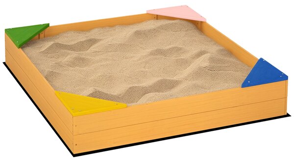 Dětský dřevěný pískoviště Outsunny čtvercové pro děti od 3 do 8 let s neprodyšnou látkou a 4 sedadly pro zahradu, terasu, 109x109x19,8 cm přírodní | A