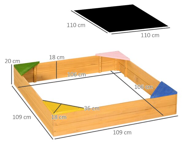 Dětský dřevěný pískoviště Outsunny čtvercové pro děti od 3 do 8 let s neprodyšnou látkou a 4 sedadly pro zahradu, terasu, 109x109x19,8 cm přírodní | A