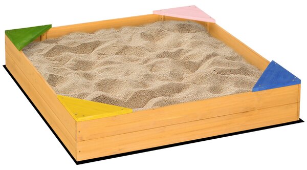 Dětský dřevěný pískoviště Outsunny čtvercové pro děti od 3 do 8 let s neprodyšnou látkou a 4 sedadly pro zahradu, terasu, 109x109x19,8 cm přírodní | A