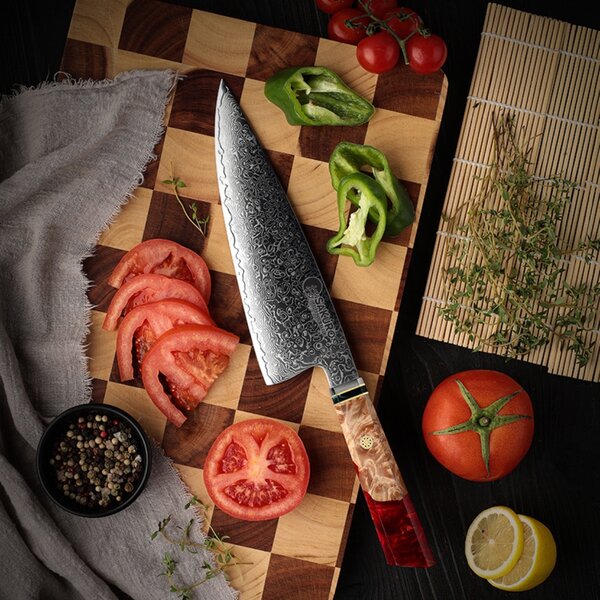 Japonský šéfkuchařský nůž z damaškové oceli SaKuRo Red 20,3 cm