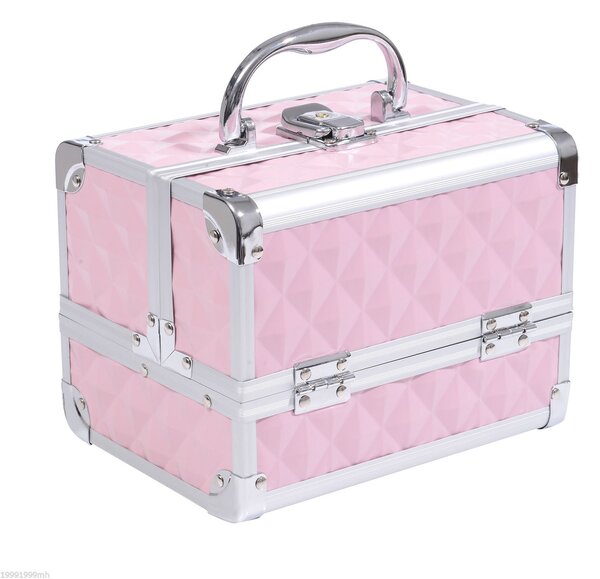 HOMCOM Profesionální Kosmetický Organizér na Make-up S Zrcadlem a Zámkem - Přenosná Taška na Make-up s Více Přihrádkami 20x15x15cm Hliníková | Aosom