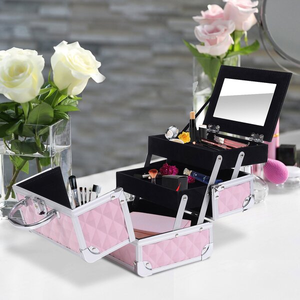 HOMCOM Profesionální Kosmetický Organizér na Make-up S Zrcadlem a Zámkem - Přenosná Taška na Make-up s Více Přihrádkami 20x15x15cm Hliníková | Aosom