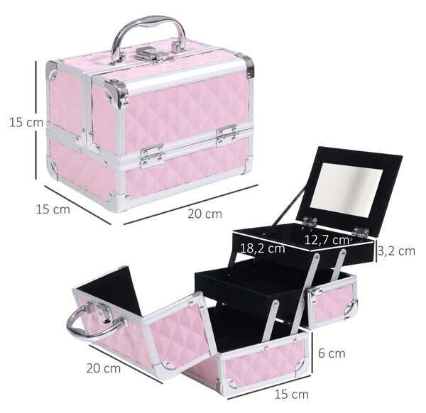 HOMCOM Profesionální Kosmetický Organizér na Make-up S Zrcadlem a Zámkem - Přenosná Taška na Make-up s Více Přihrádkami 20x15x15cm Hliníková | Aosom
