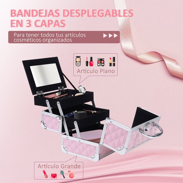 HOMCOM Profesionální Kosmetický Organizér na Make-up S Zrcadlem a Zámkem - Přenosná Taška na Make-up s Více Přihrádkami 20x15x15cm Hliníková | Aosom
