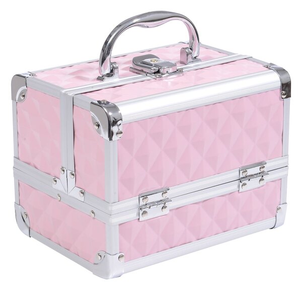 HOMCOM Profesionální Kosmetický Organizér na Make-up S Zrcadlem a Zámkem - Přenosná Taška na Make-up s Více Přihrádkami 20x15x15cm Hliníková | Aosom