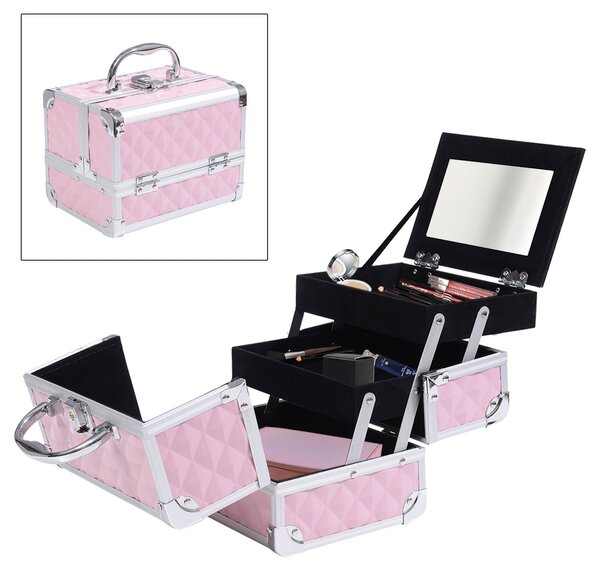 HOMCOM Profesionální Kosmetický Organizér na Make-up S Zrcadlem a Zámkem - Přenosná Taška na Make-up s Více Přihrádkami 20x15x15cm Hliníková | Aosom