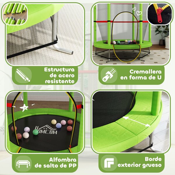 HOMCOM Dětská trampolína Ø140x190 cm pro děti 3-6 let se bezpečnostní sítí, 45 kg nosnost, interiérová zelená | Aosom