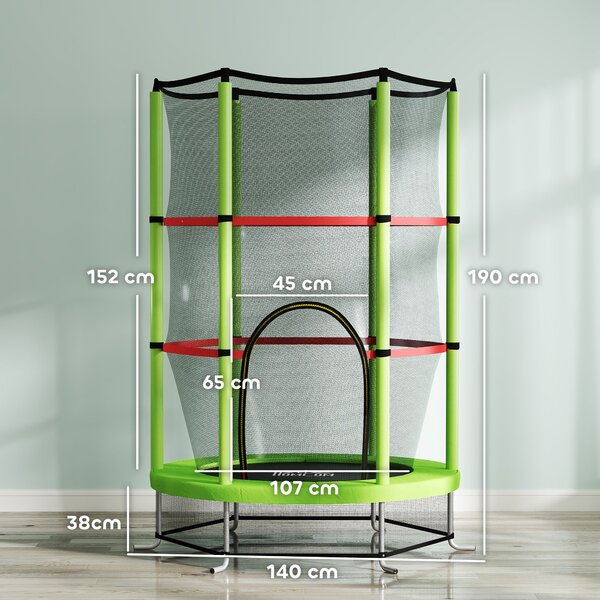 HOMCOM Dětská trampolína Ø140x190 cm pro děti 3-6 let se bezpečnostní sítí, 45 kg nosnost, interiérová zelená | Aosom