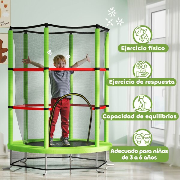 HOMCOM Dětská trampolína Ø140x190 cm pro děti 3-6 let se bezpečnostní sítí, 45 kg nosnost, interiérová zelená | Aosom