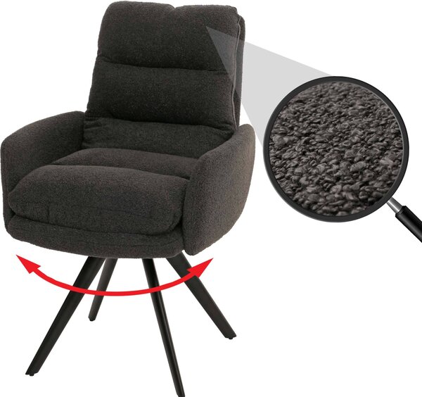 Jídelní židle HWC-G66, kuchyňská židle židle, otočná automatická poloha látka/textil bouclé MVG tmavě šedá, s područkami