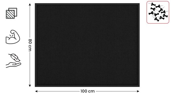 Textilní (plstěná) tabule 100 × 80 cm, černá, v černém dřevěném rámu, TFBLACK108BK