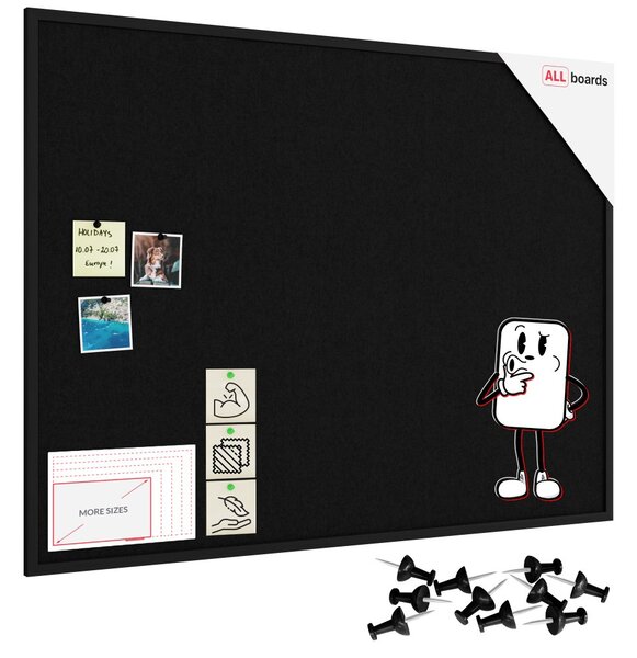 Textilní (plstěná) tabule 120 × 90 cm, černá, v černém dřevěném rámu, TFBLACK129BK