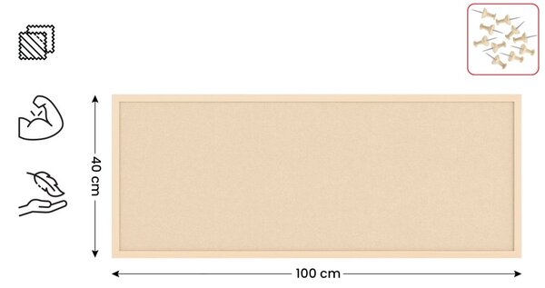Textilní (plstěná) nástěnka 100 × 40 cm, velbloudí barva (camel), v dřevěném rámu ve stejném odstínu, TFCAMEL104C
