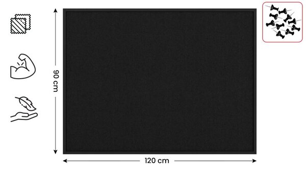 Textilní (plstěná) tabule 120 × 90 cm, černá, v černém dřevěném rámu, TFBLACK129BK