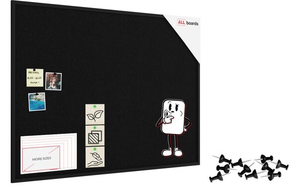 Textilní (plstěná) tabule 120 × 90 cm, černá, v černém dřevěném rámu, TFBLACK129BK