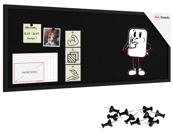 Textilní (plstěná) nástěnka 100 × 40 cm, černá, v černém dřevěném rámu, TFBLACK104BK