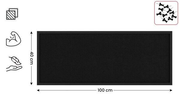 Textilní (plstěná) nástěnka 100 × 40 cm, černá, v černém dřevěném rámu, TFBLACK104BK