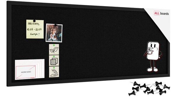 Textilní (plstěná) nástěnka 100 × 40 cm, černá, v černém dřevěném rámu, TFBLACK104BK