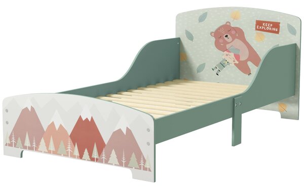 Dětská postel ZONEKIZ dřevěná 143x77x60 cm pro děti 3-6 let s ochrannými zábranami a potiskem, max. nosnost 40 kg, moderní zelený nábytek do dětského