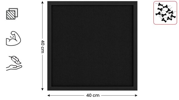 Textilní (plstěná) tabule 40 × 40 cm, černá, v černém dřevěném rámu,TFBLACK44BK