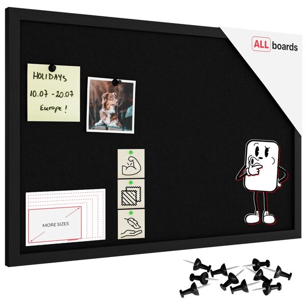 Textilní (plstěná) tabule 60 × 40 cm, černá, v černém dřevěném rámu, TFBLACK64BK