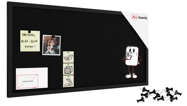 Textilní (plstěná) tabule 80 × 40 cm, černá, v černém dřevěném rámu, TFBLACK84BK