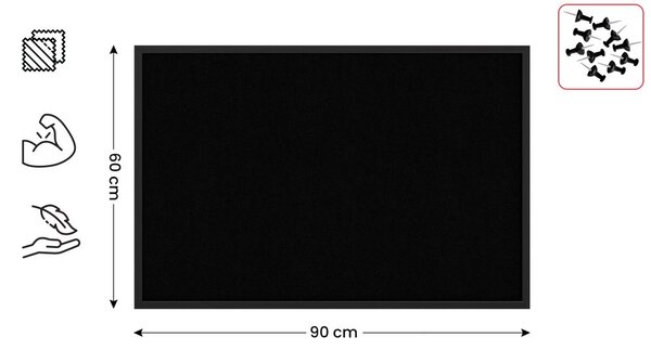 Textilní (plstěná) tabule 90 × 60 cm, černá, v černém dřevěném rámu, TFBLACK96BK
