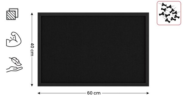 Textilní (plstěná) tabule 60 × 40 cm, černá, v černém dřevěném rámu, TFBLACK64BK