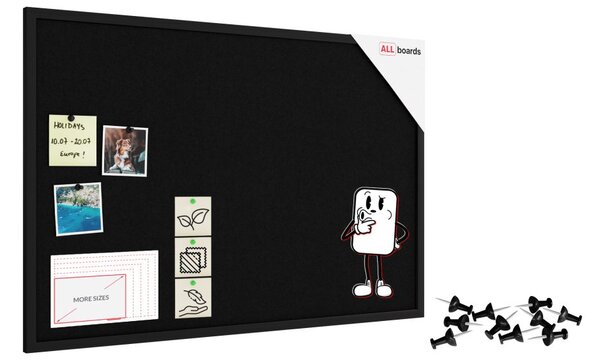 Textilní (plstěná) tabule 90 × 60 cm, černá, v černém dřevěném rámu, TFBLACK96BK