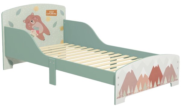 Dětská postel ZONEKIZ dřevěná 143x77x60 cm pro děti 3-6 let s ochrannými zábranami a potiskem, max. nosnost 40 kg, moderní zelený nábytek do dětského
