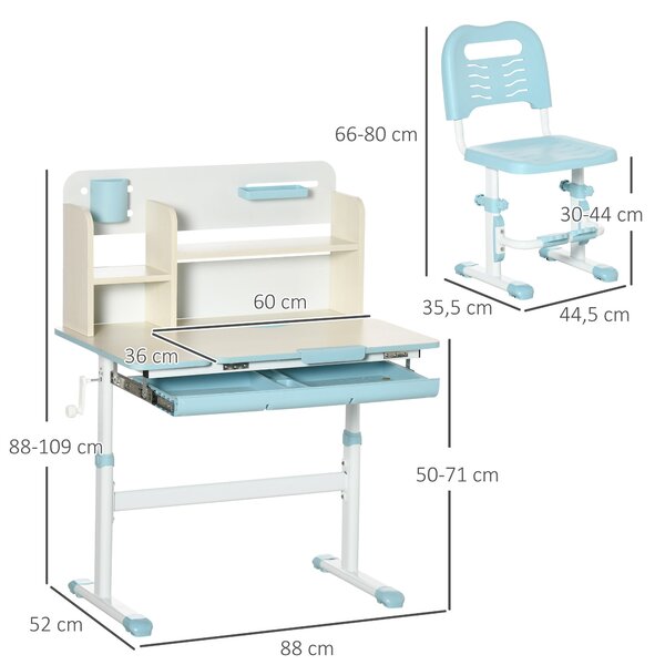 HOMCOM Dětský stůl a židlička pro děti od 3 let s nastavitelnou výškou, sklápěcí deskou, zásuvkou a policí 80x52x88-109 cm a 35,5x44,5x66-80 cm Modrá
