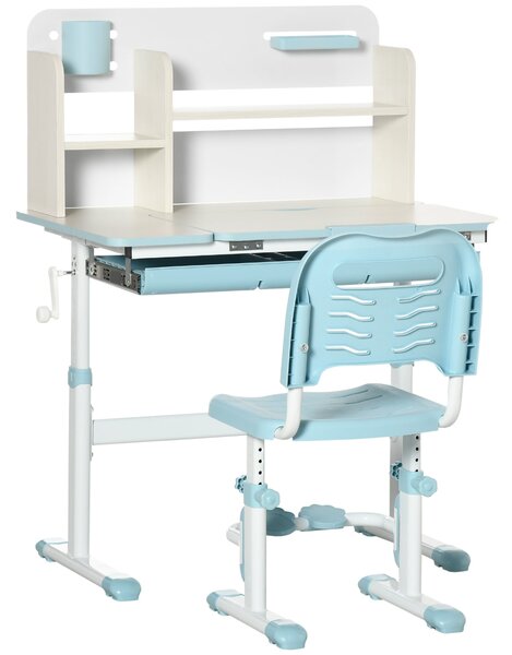 HOMCOM Dětský stůl a židlička pro děti od 3 let s nastavitelnou výškou, sklápěcí deskou, zásuvkou a policí 80x52x88-109 cm a 35,5x44,5x66-80 cm Modrá