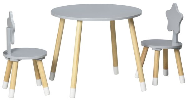 HOMCOM Dětský Dřevěný Stolek a 2 Židle Set s Kulatým Stolkem Ø59x50 cm a Židlemi Ø28x51 cm Dětský Nábytek do Hračkovny nebo Ložnice Šedý | Aosom