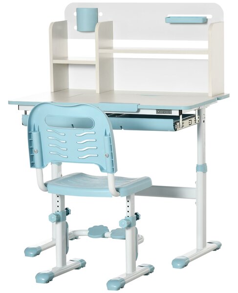 HOMCOM Dětský stůl a židlička pro děti od 3 let s nastavitelnou výškou, sklápěcí deskou, zásuvkou a policí 80x52x88-109 cm a 35,5x44,5x66-80 cm Modrá