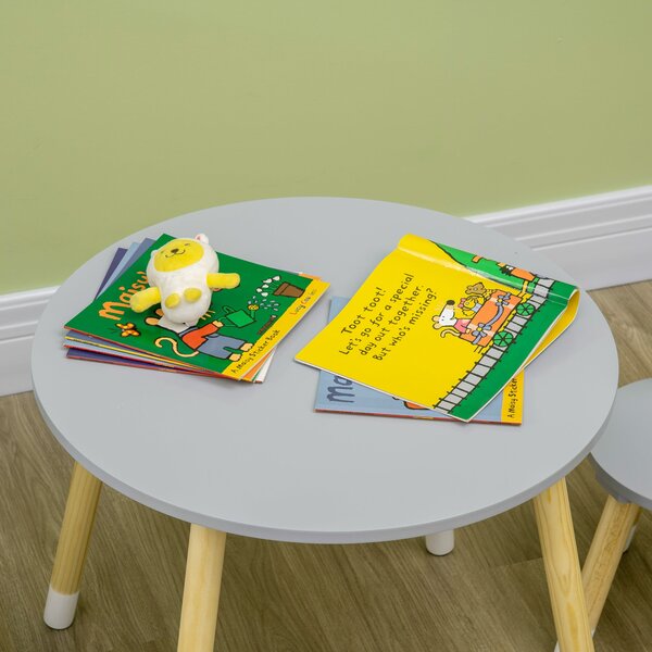 HOMCOM Dětský Dřevěný Stolek a 2 Židle Set s Kulatým Stolkem Ø59x50 cm a Židlemi Ø28x51 cm Dětský Nábytek do Hračkovny nebo Ložnice Šedý | Aosom