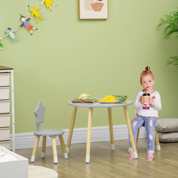 HOMCOM Dětský Dřevěný Stolek a 2 Židle Set s Kulatým Stolkem Ø59x50 cm a Židlemi Ø28x51 cm Dětský Nábytek do Hračkovny nebo Ložnice Šedý | Aosom