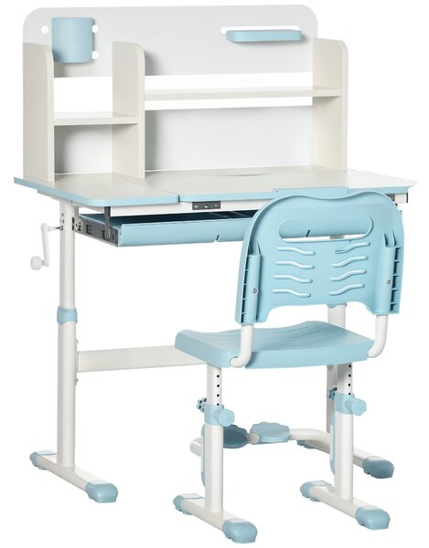HOMCOM Dětský stůl a židlička pro děti od 3 let s nastavitelnou výškou, sklápěcí deskou, zásuvkou a policí 80x52x88-109 cm a 35,5x44,5x66-80 cm Modrá